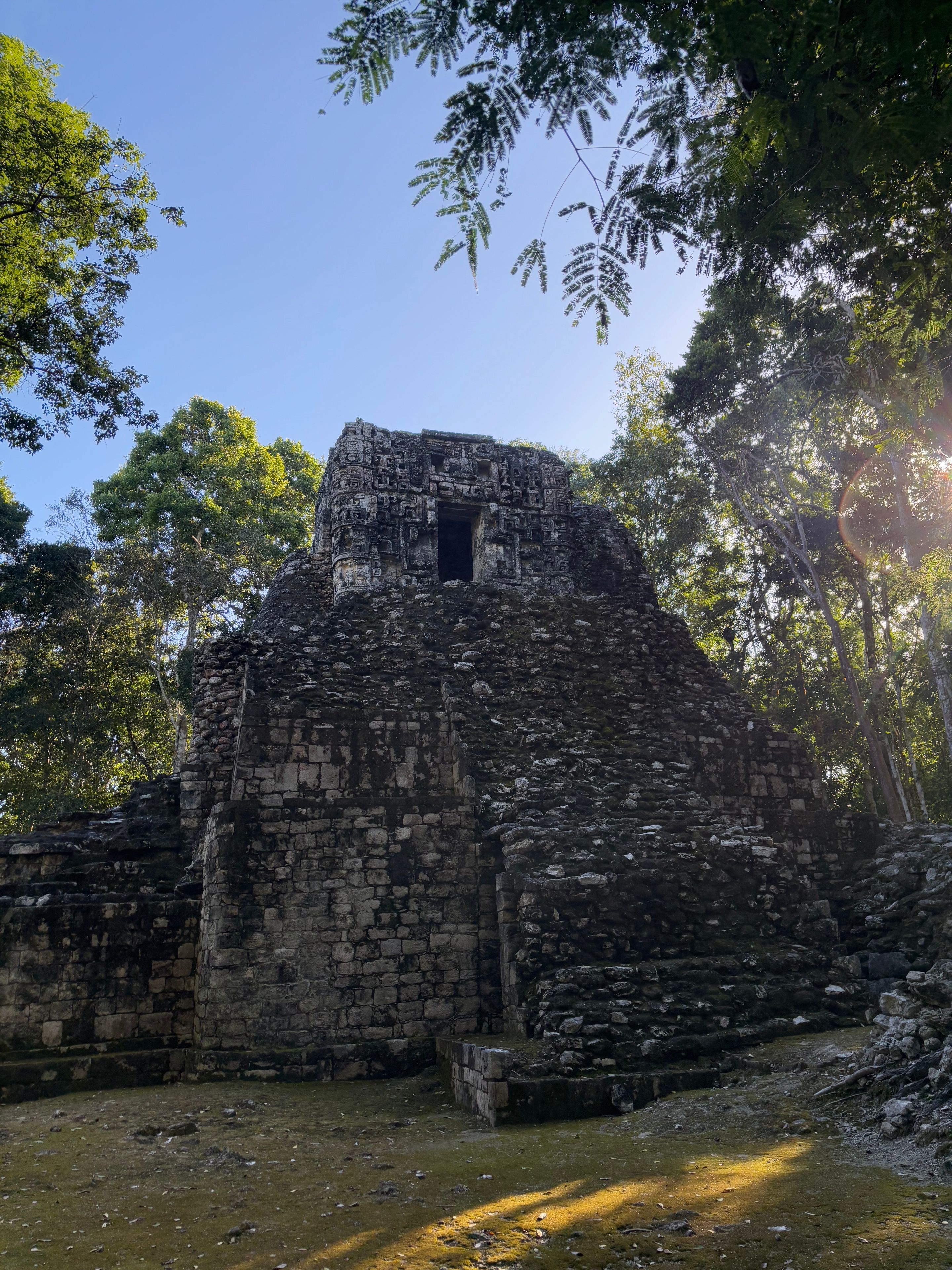 An ancient stone structure surrounded by trees.