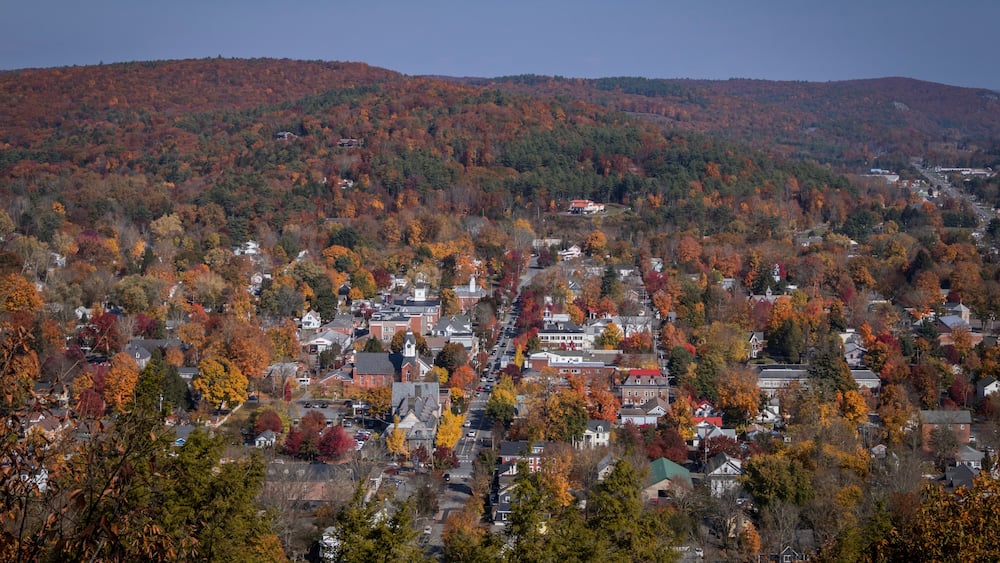 Overlooking small town Milford, PA, from scenic overlook on a sunny fall day