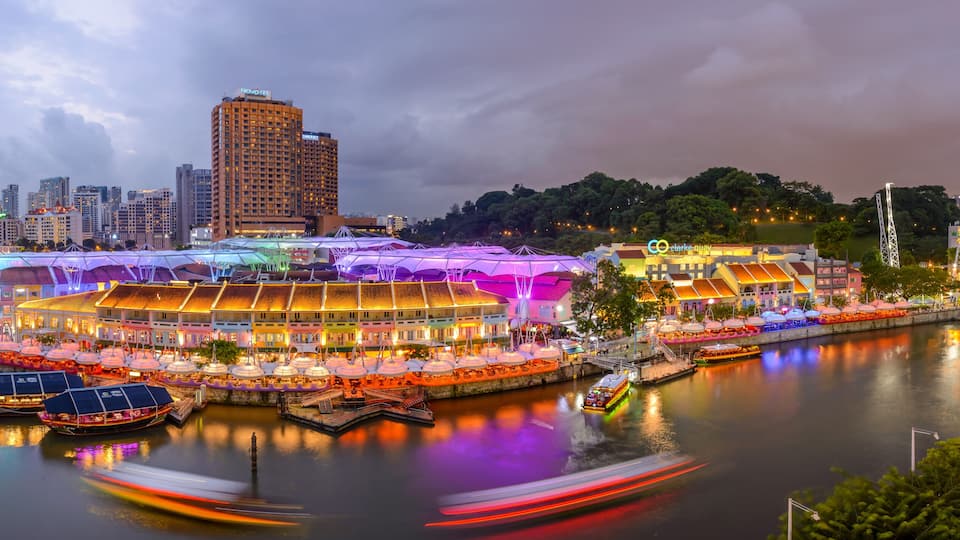 Clarke Quay, Singapore - Mar 2020 - Night clubs, restaurant and pub area, fun and entertainment central area by Singapore river bank