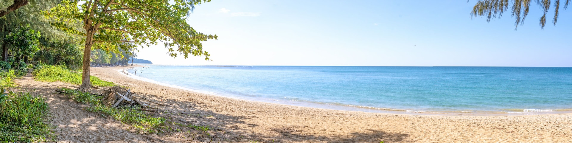 A sandy beach with clear blue water, surrounded by lush greenery and trees.