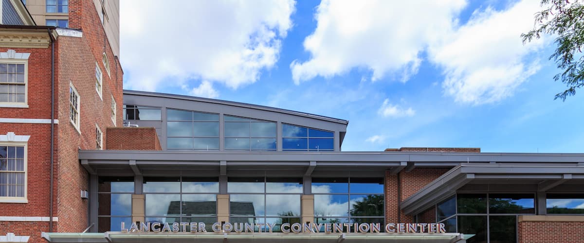 P62CR1 Lancaster, PA, USA - June 25, 2018: In downtown Lancaster City, the entrance to the Lancaster County Convention Center.