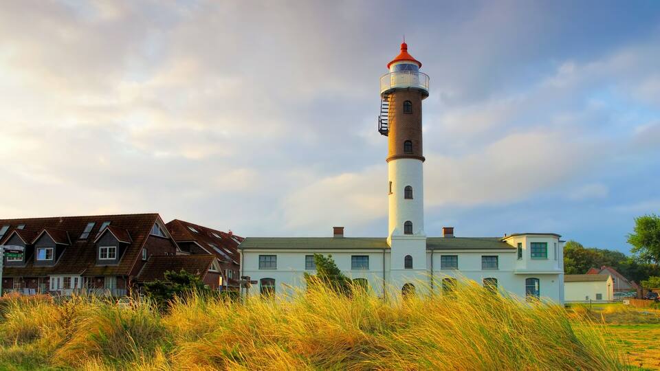 A lighthouse with a red top, surrounded by tall grass and residential buildings.