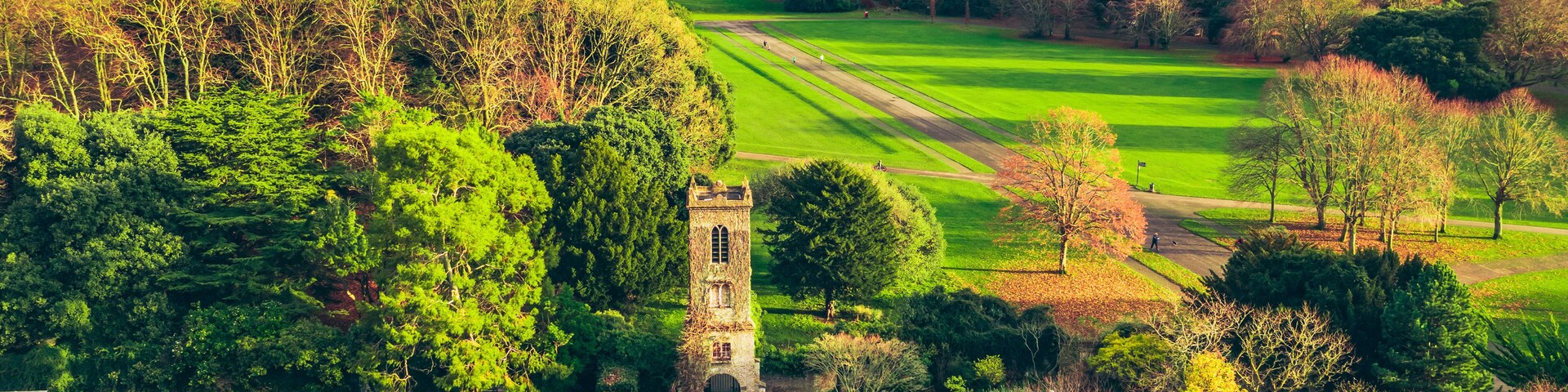 Aerial view over the St. Anne Park, revealing the old tower and the Howth peninsula on the horizon. Autumn Irish landscape in November.