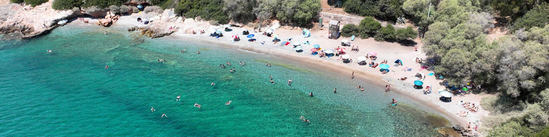 Aerial drone photo of bay of Porto Rafti famous Athenian summer destination, Attica, Mesogeia, Greece