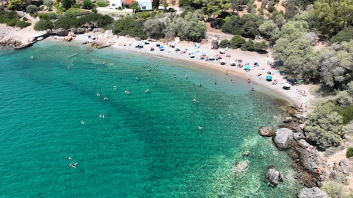 Aerial drone photo of bay of Porto Rafti famous Athenian summer destination, Attica, Mesogeia, Greece