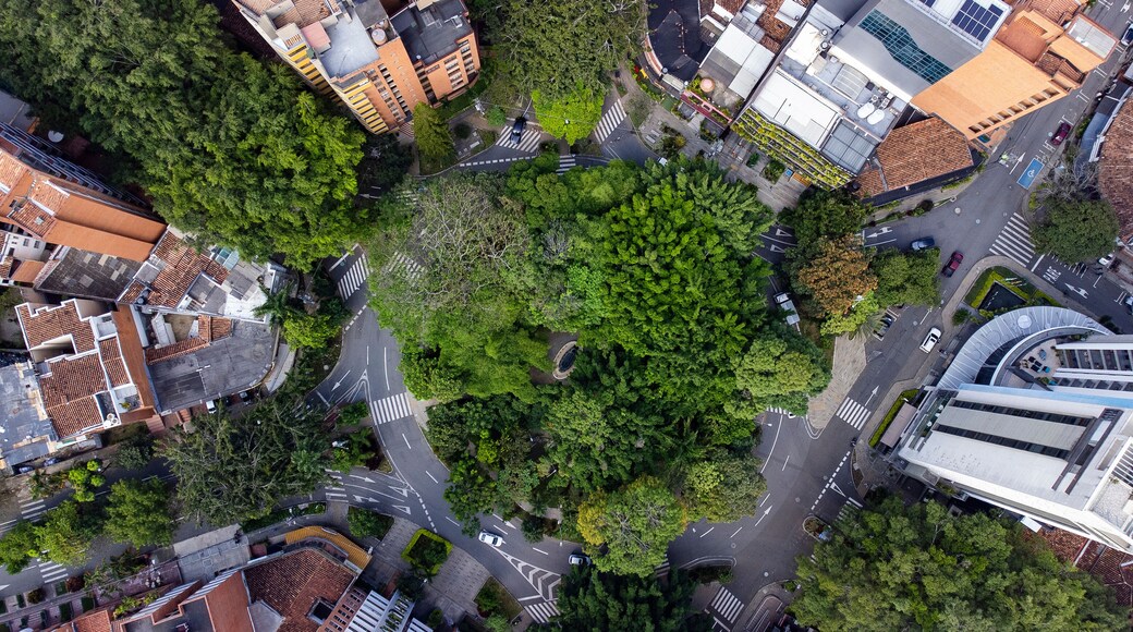 Medellin, Antioquia, Colombia - January 9, 2026. Overhead photograph of the second Laureles Park showing the integration of nature, urban planning, and mobility in the city.