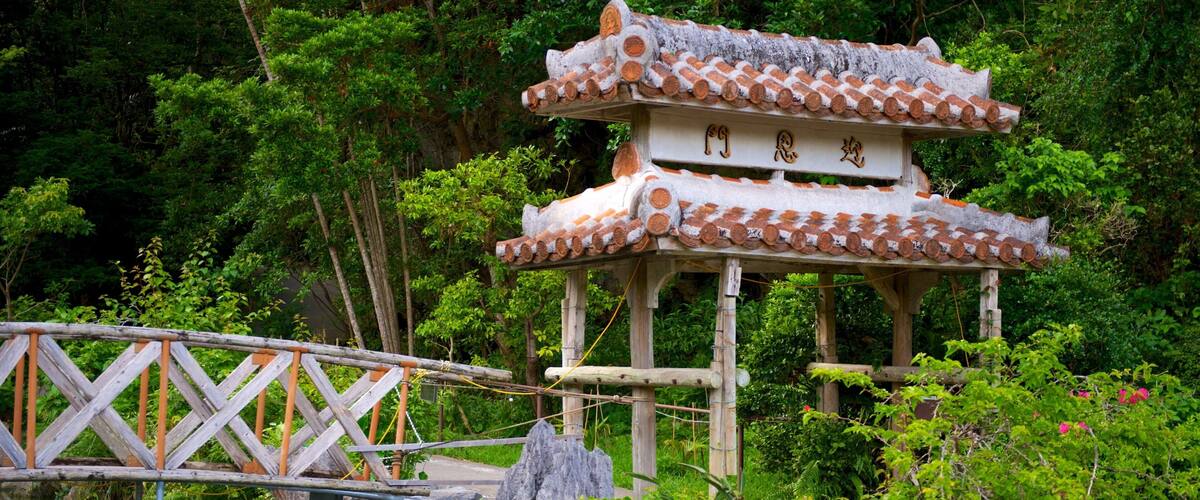 A traditional Japanese pagoda with a wooden bridge in a lush garden.