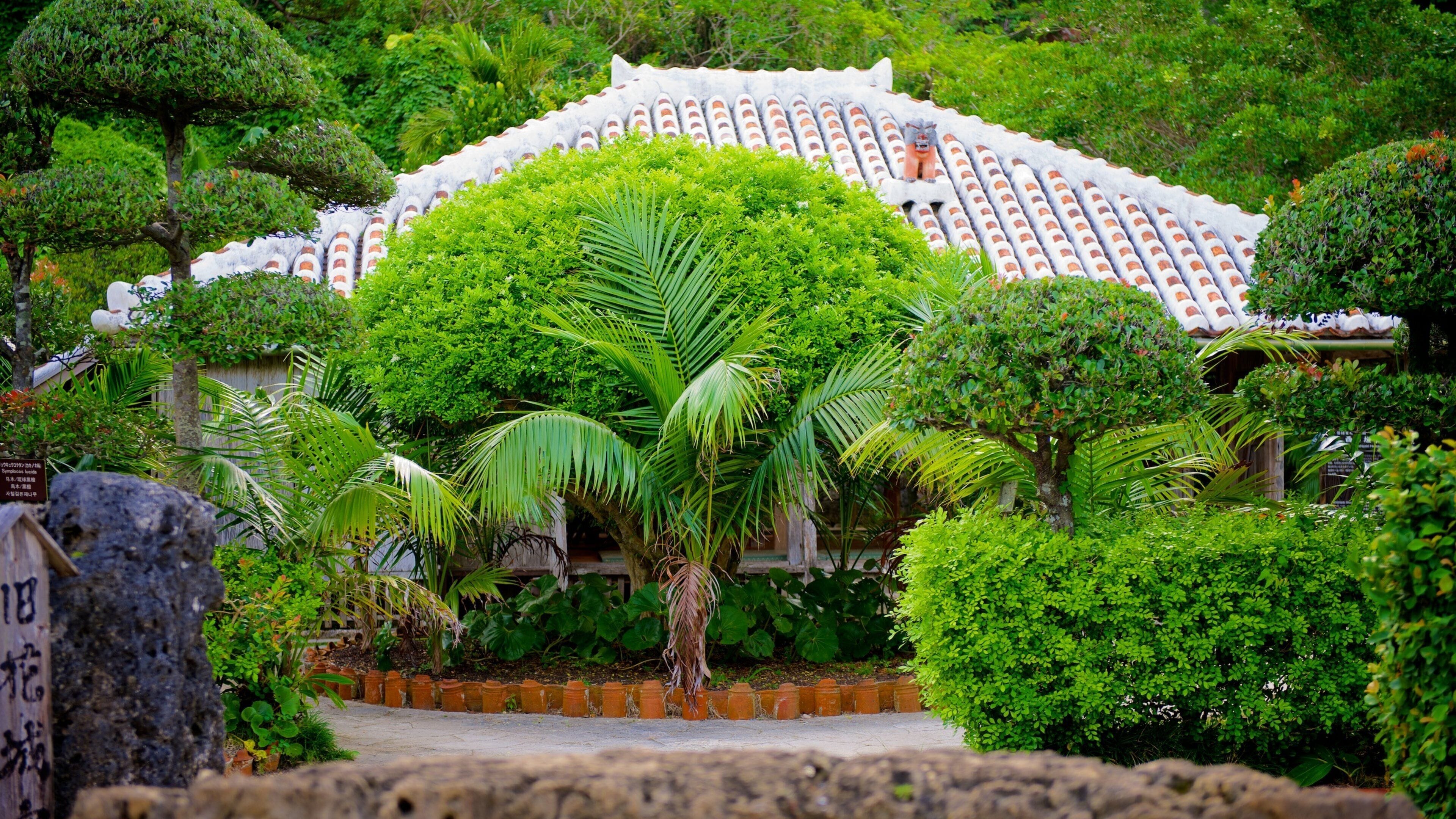 A traditional temple with a tiled roof, surrounded by lush greenery and palm trees.