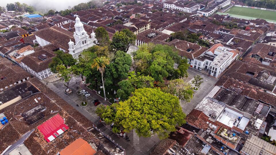 Salamina, Caldas - Colombia. October 6, 2025. Panoramic drone view of the town's main church.