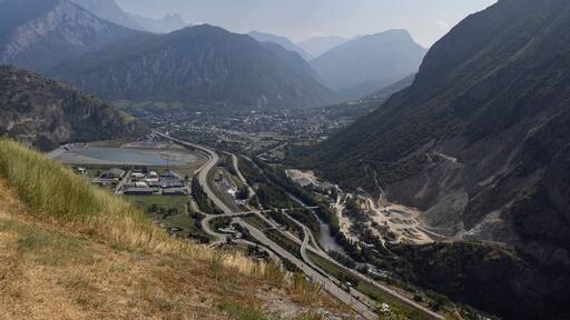 Paroramic view from Le Chatel towards the city of Saint-Jean-de-Maurienne and the Maurienne Valley in the Rhone-Alps region of France. Summertime landscape view with copy space.