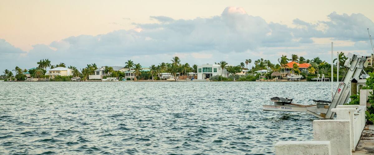 A waterfront with a pier, calm water, and houses with palm trees in the background.