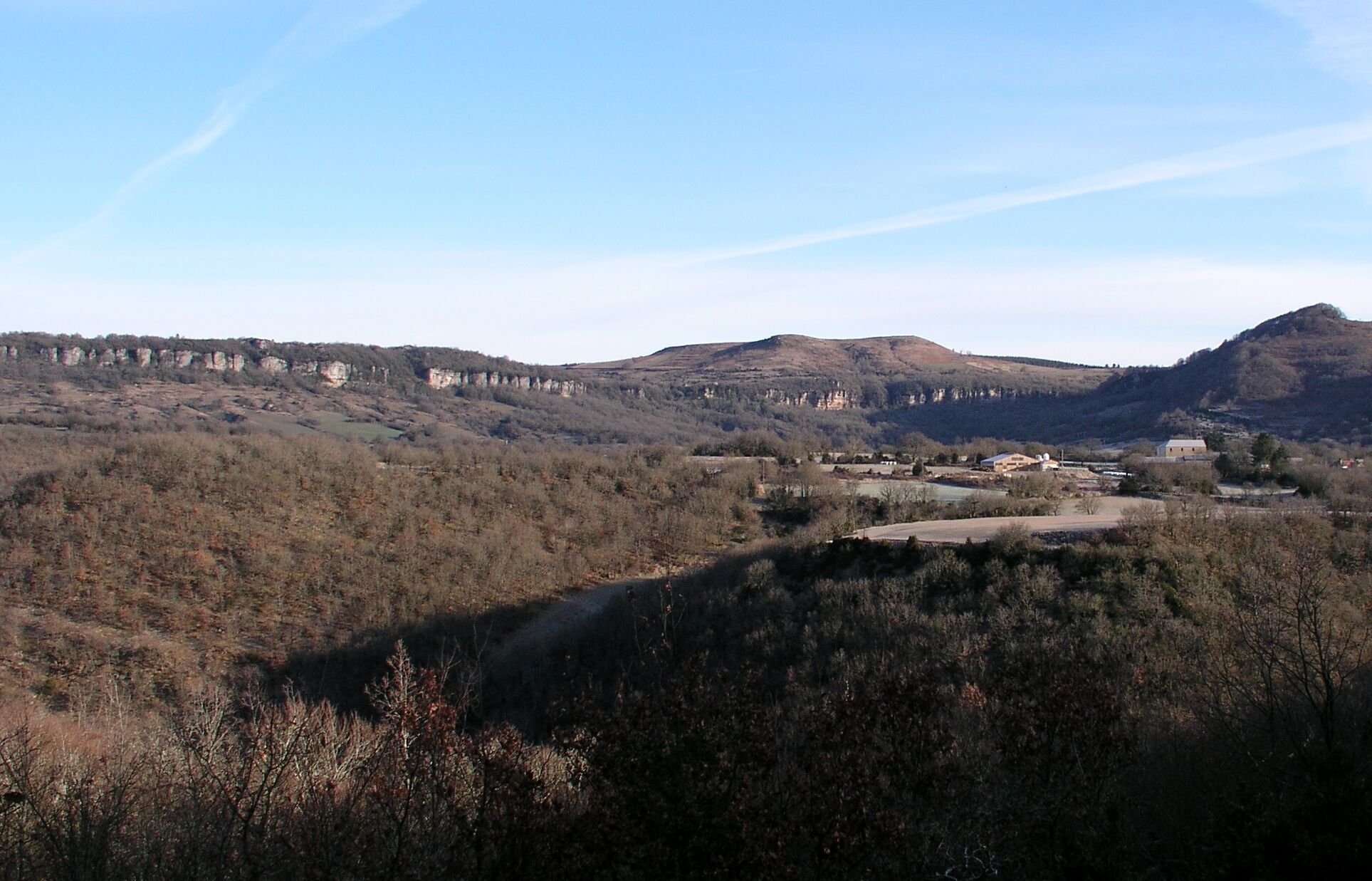 A valley with a river, forested hills, and a distant town with buildings.