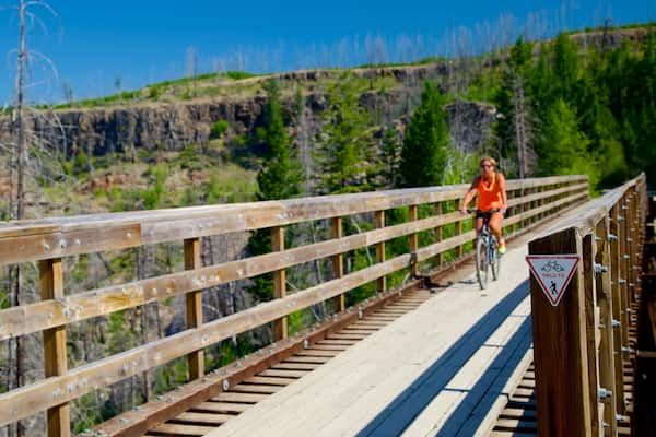 Myra-Bellevue Provincial Park which includes cycling and a bridge as well as an individual female