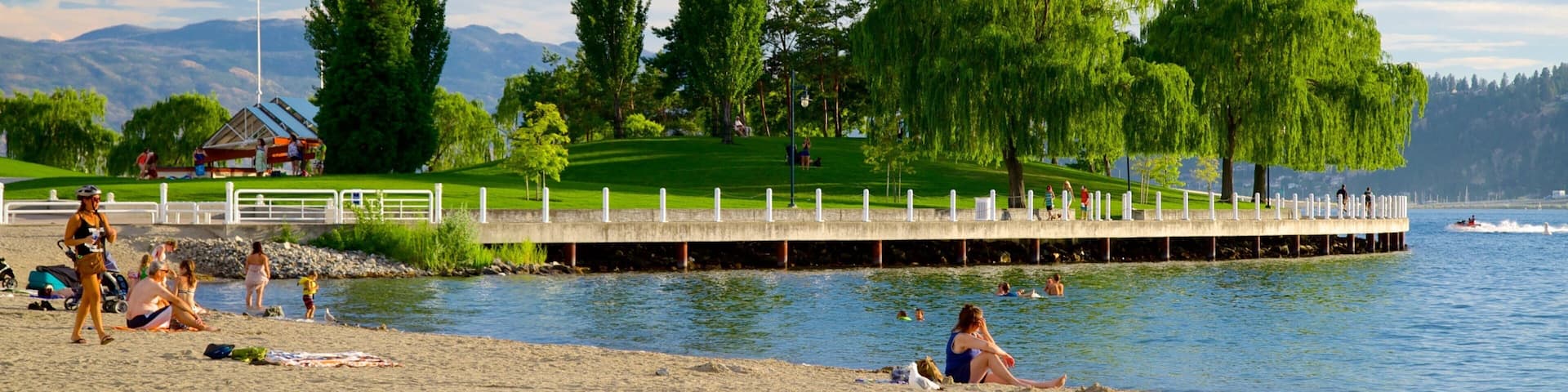 A lakeside park with a sandy beach, a wooden pier, and tall trees.