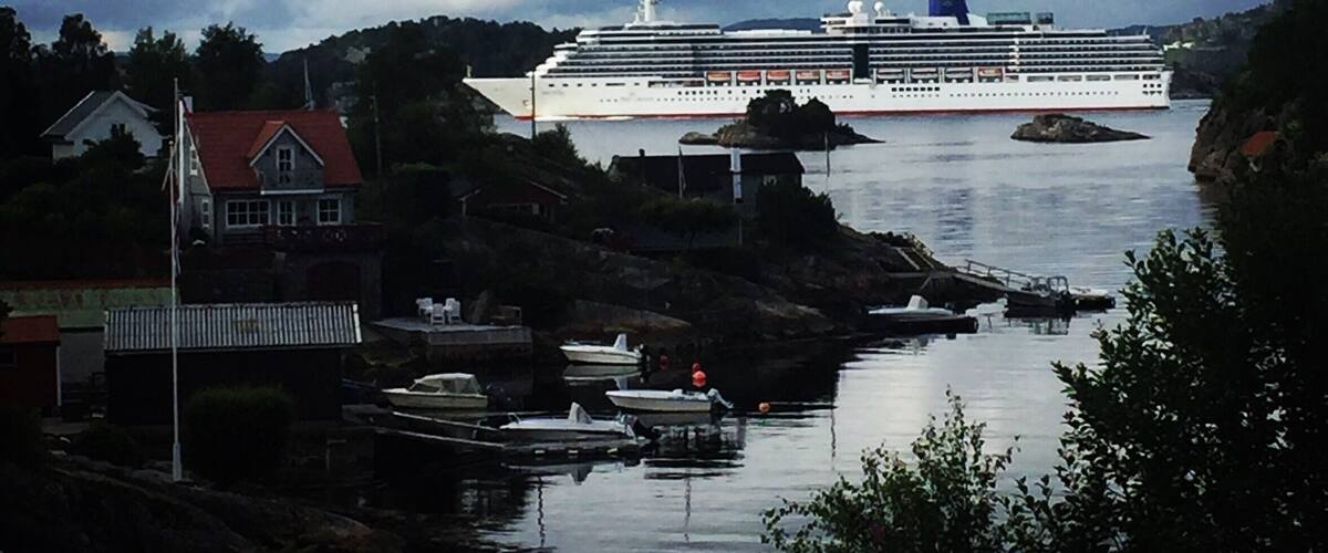A large cruise ship docked at a harbor with a cloudy sky.
