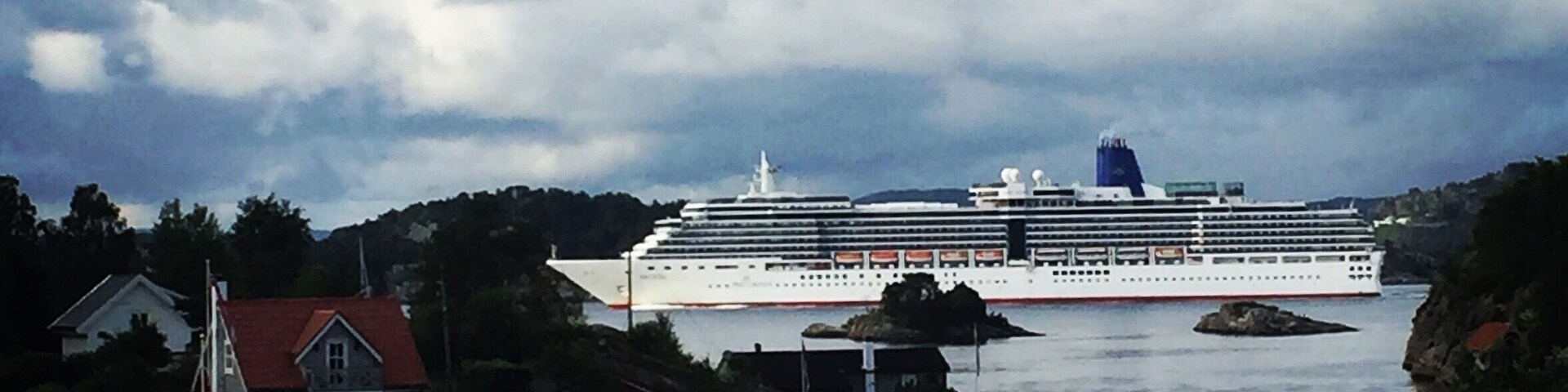 A large cruise ship docked at a harbor with a cloudy sky.