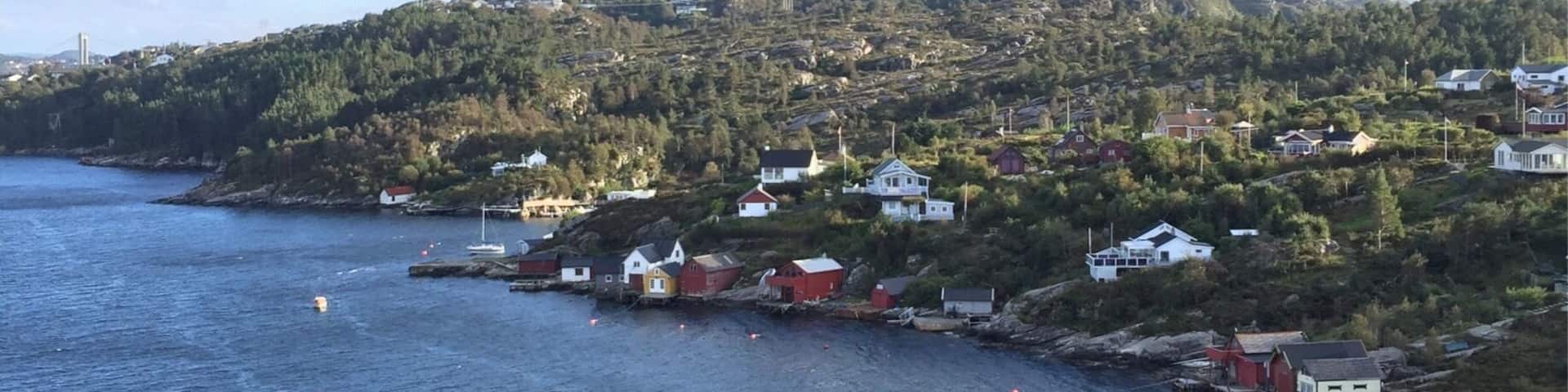 A coastal town with houses along the shoreline and a hill in the background.