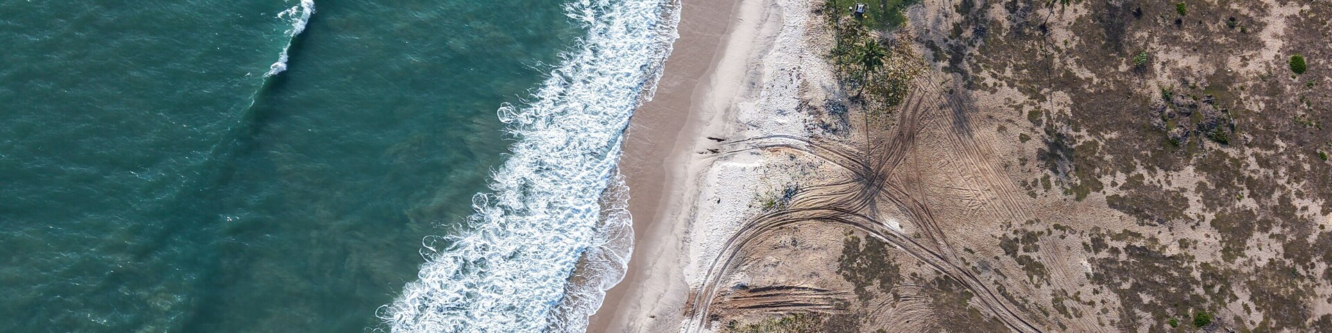 Paesaggio costiero con spiaggia sabbiosa, onde oceaniche e vegetazione rada.