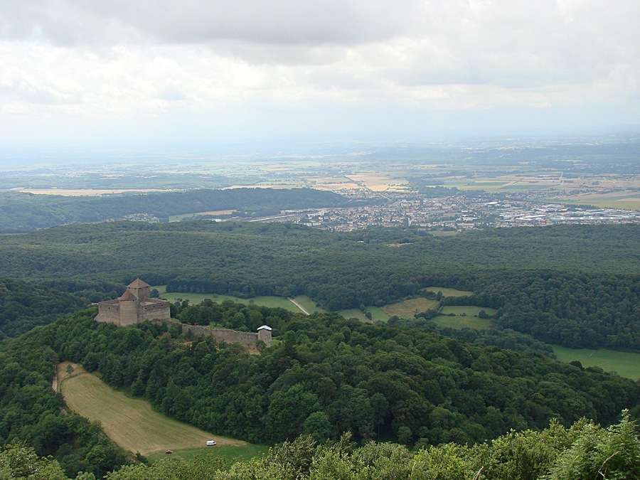 Un castillo en una colina con vistas a un pueblo rodeado de bosques.