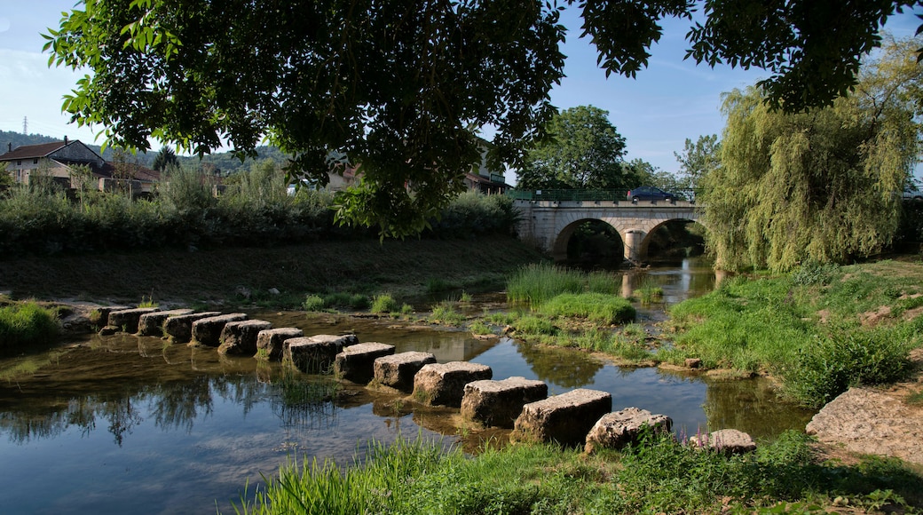 A stone bridge over a calm river, surrounded by lush greenery and a stone weir.