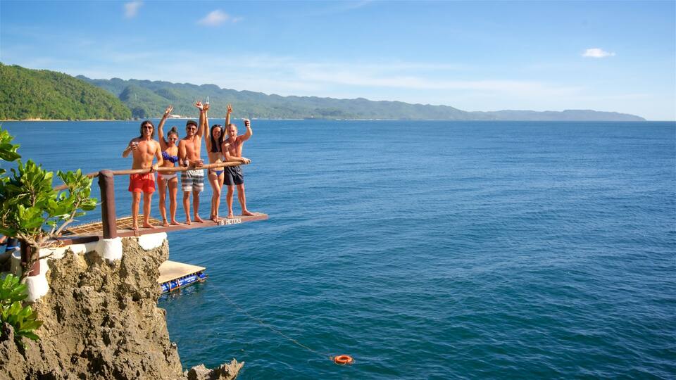 A group of people standing on a diving board over a body of water, with a boat visible in the background.
