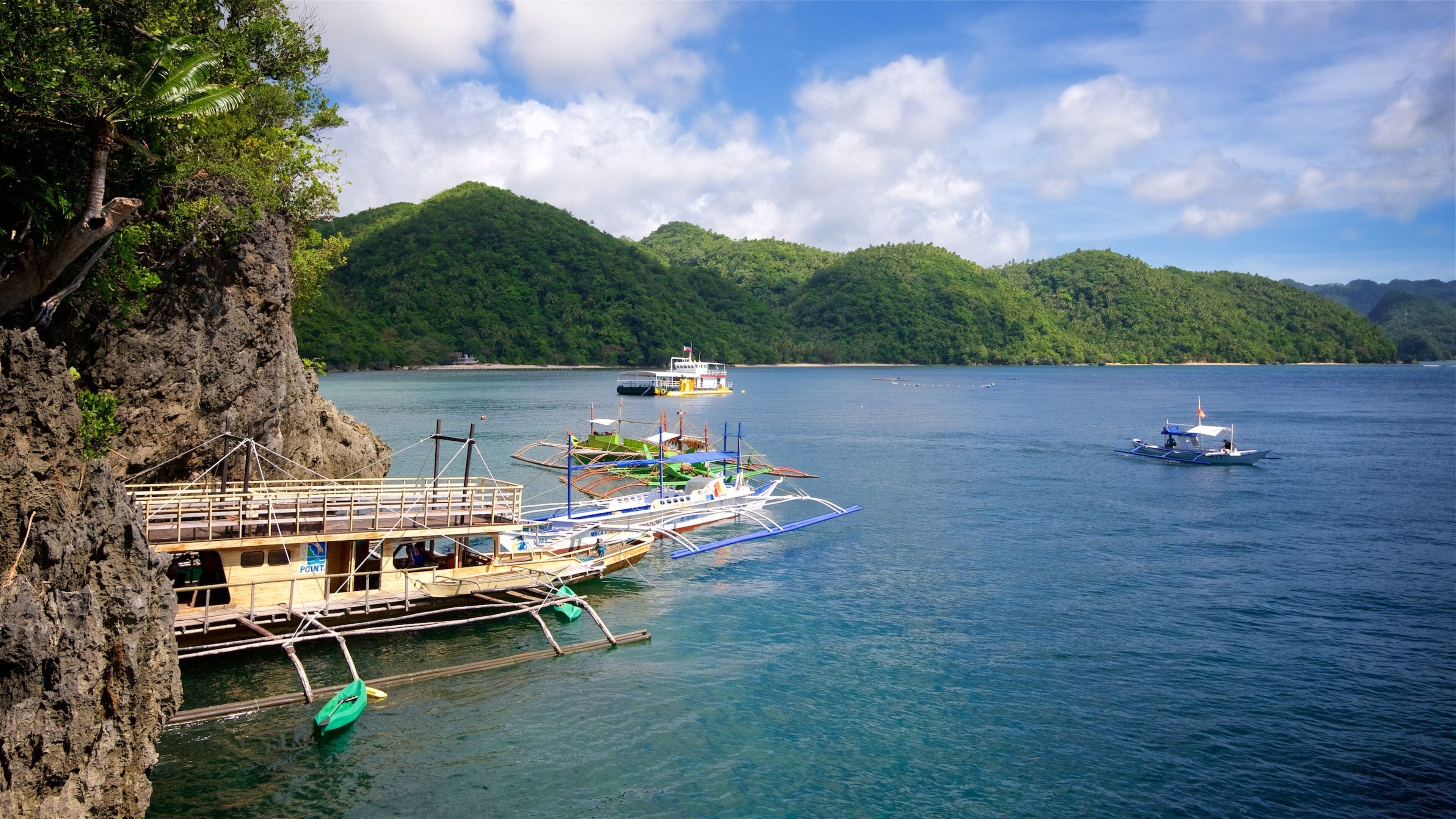A coastal scene with a dock, boats, and a mountainous backdrop.