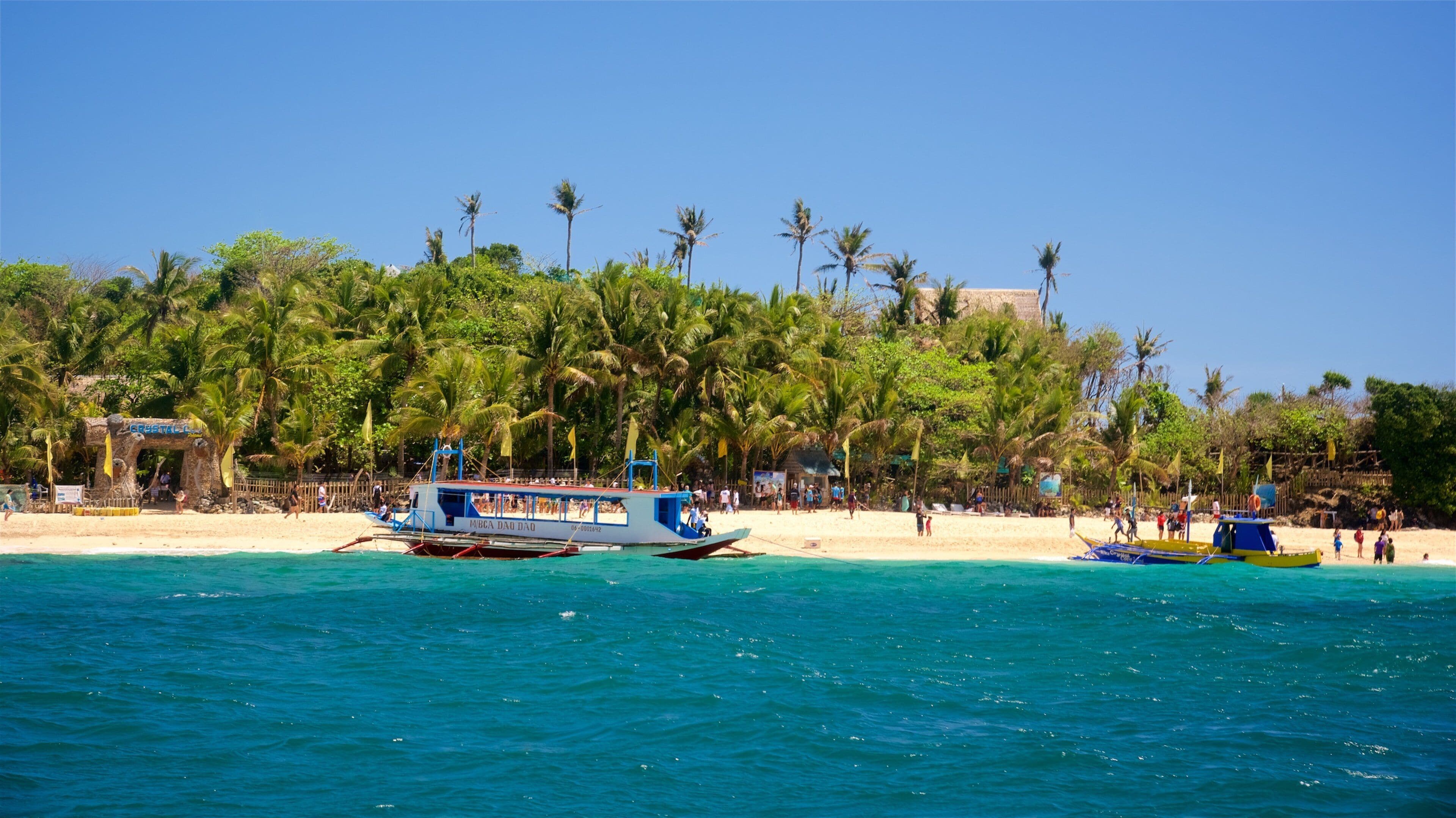 Crystal Cove Island showing a ferry, a beach and island images