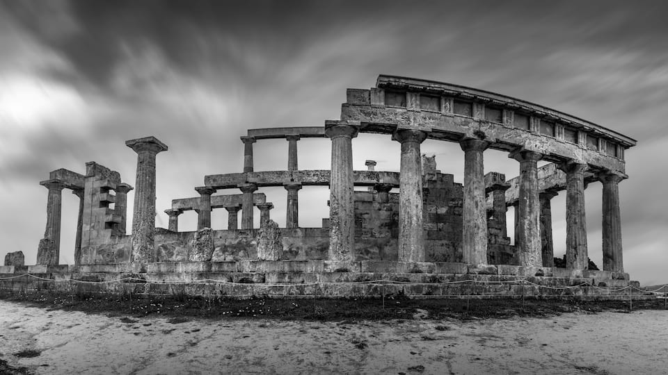 The ancient temple of Athena Aphaea, in Egina (Aegina) island, Argosaronic Gulf, Greece, Europe.