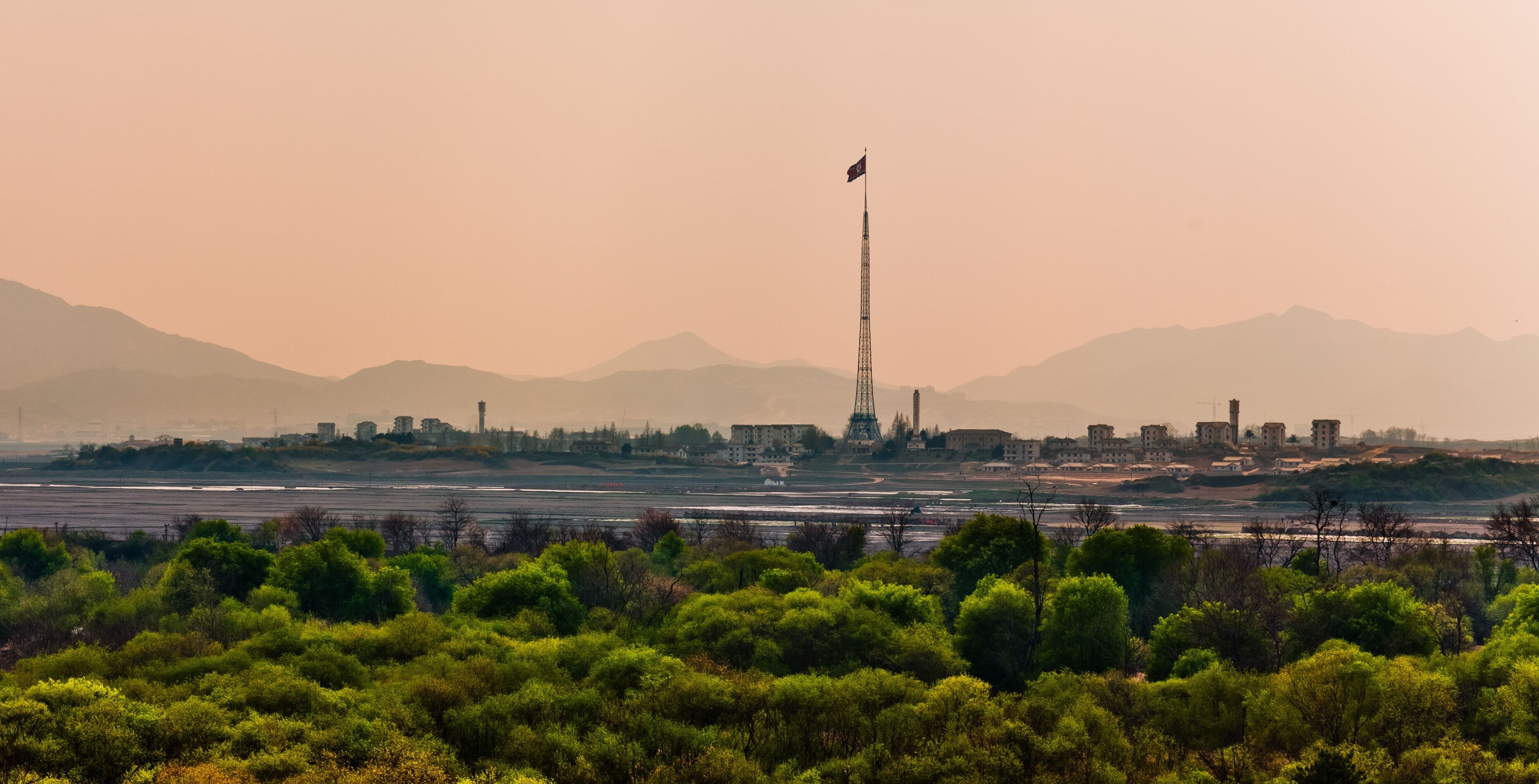 JOINT SECURITY AREA, PANMUNJEOM, SOUTH KOREA: tallest flag pole in the world with North Korean flag. Kijong-dong village is in North Korea and can be seen from South Korea