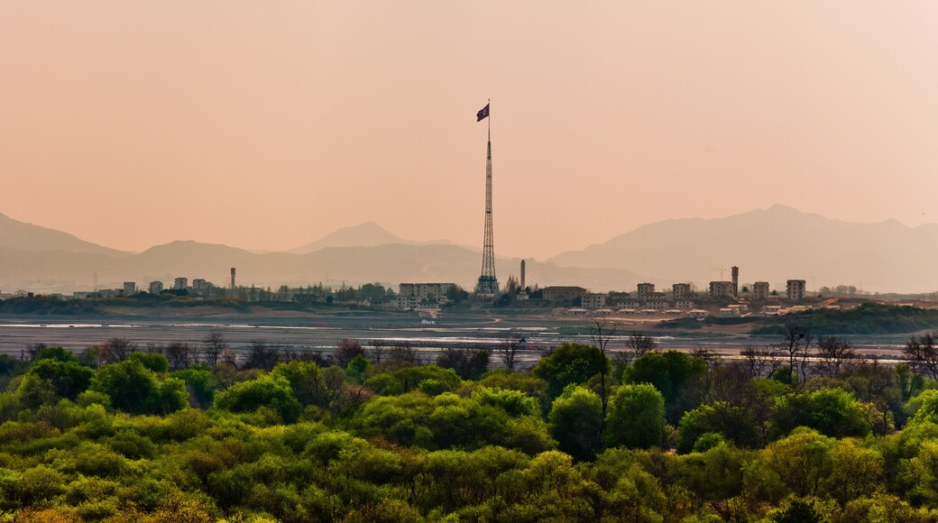 JOINT SECURITY AREA, PANMUNJEOM, SOUTH KOREA: tallest flag pole in the world with North Korean flag. Kijong-dong village is in North Korea and can be seen from South Korea