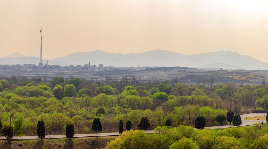JOINT SECURITY AREA, PANMUNJEOM, SOUTH KOREA: tallest flag pole in the world with North Korean flag in Kijong-dong Village and site of the Axe Murder in the foreground