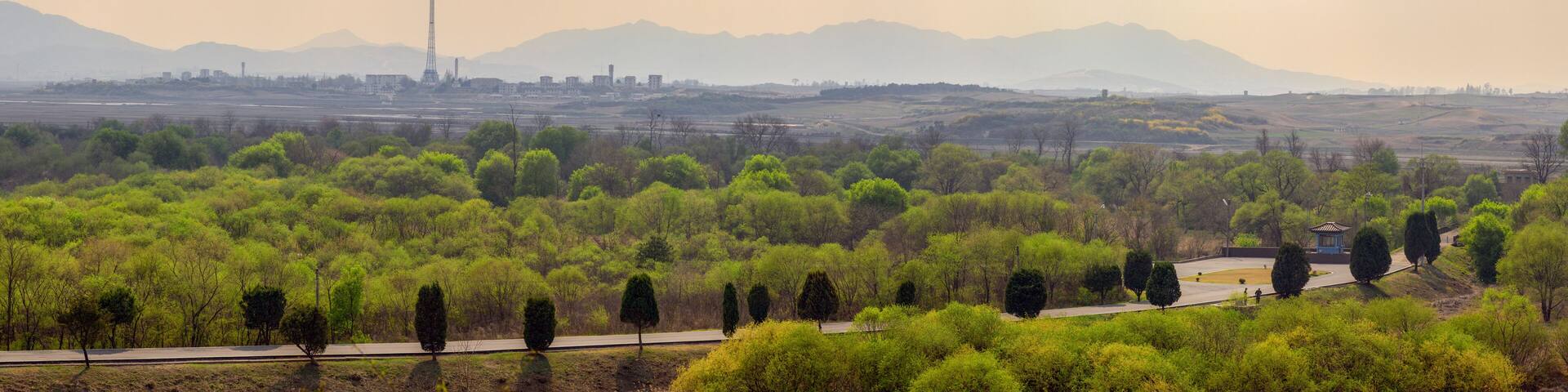 JOINT SECURITY AREA, PANMUNJEOM, SOUTH KOREA: tallest flag pole in the world with North Korean flag in Kijong-dong Village and site of the Axe Murder in the foreground