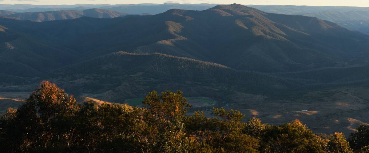 A mountainous landscape with rolling hills and dense forests.