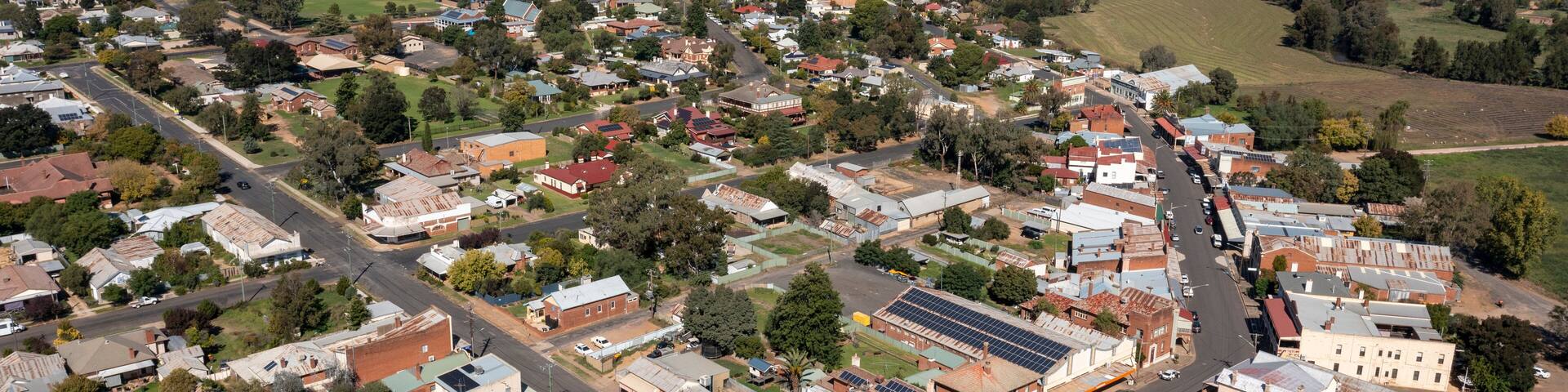 Aerial view of the central western country town of Canowindra, New South Wales, Australia.