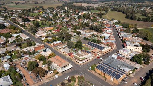Aerial view of the central western country town of Canowindra, New South Wales, Australia.