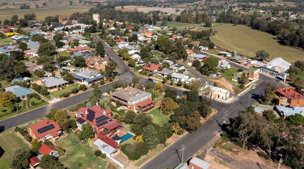 Aerial view of the central western country town of Canowindra, New South Wales, Australia.