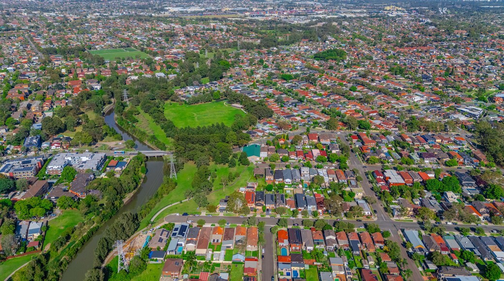 Panorama aerial drone view of western Sydney Suburbs of Canterbury Burwood Ashfield Marrickville Campsie with Houses roads and parks in Sydney New South Wales NSW Australia