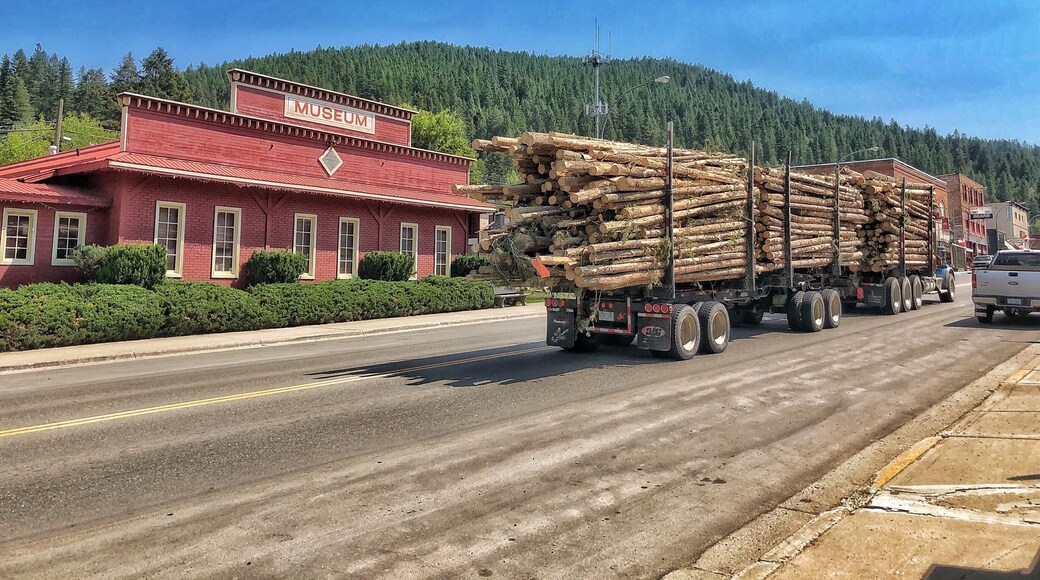 Old building in a very tiny town, with a typical logging truck