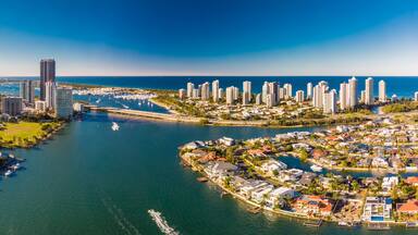 Aerial view of Surfers Paradise and Southport on the Gold Coast,