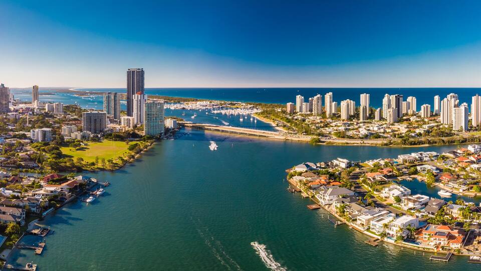 Aerial view of Surfers Paradise and Southport on the Gold Coast,