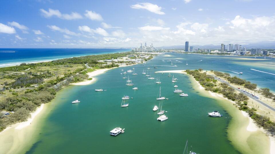 Aerial photograph of The Spit with the buildings of Surfers Paradise in the distance. Gold Coast, Queensland, Australia.