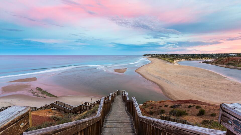 The wooden staircase leading down to the mouth of the Onkapringa river Port Noarlunga