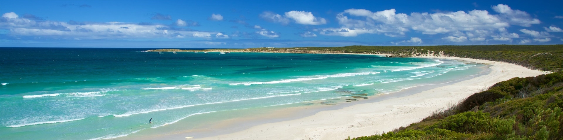 A coastal landscape with a sandy beach, turquoise waters, and green vegetation.