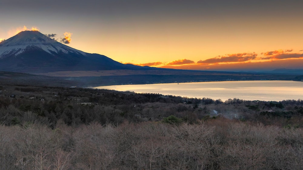 Fuji mountain at sunset from Panoramadai Viewpoint at Lake Yamanaka , Japan