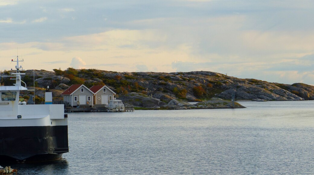 Panoramic view of the harbor, burgundy wooden houses, the landscapes and the coastline of the Koster,Sydkoster and Nordkoster islands. Kosterhavets National Park archipelago. Stromstad Bohuslan Sweden
