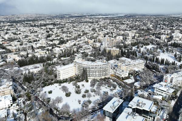 Aerial drone photo of famous injury public hospital of Athens known as KAT in Marousi covered up in snow, Attica, Greece