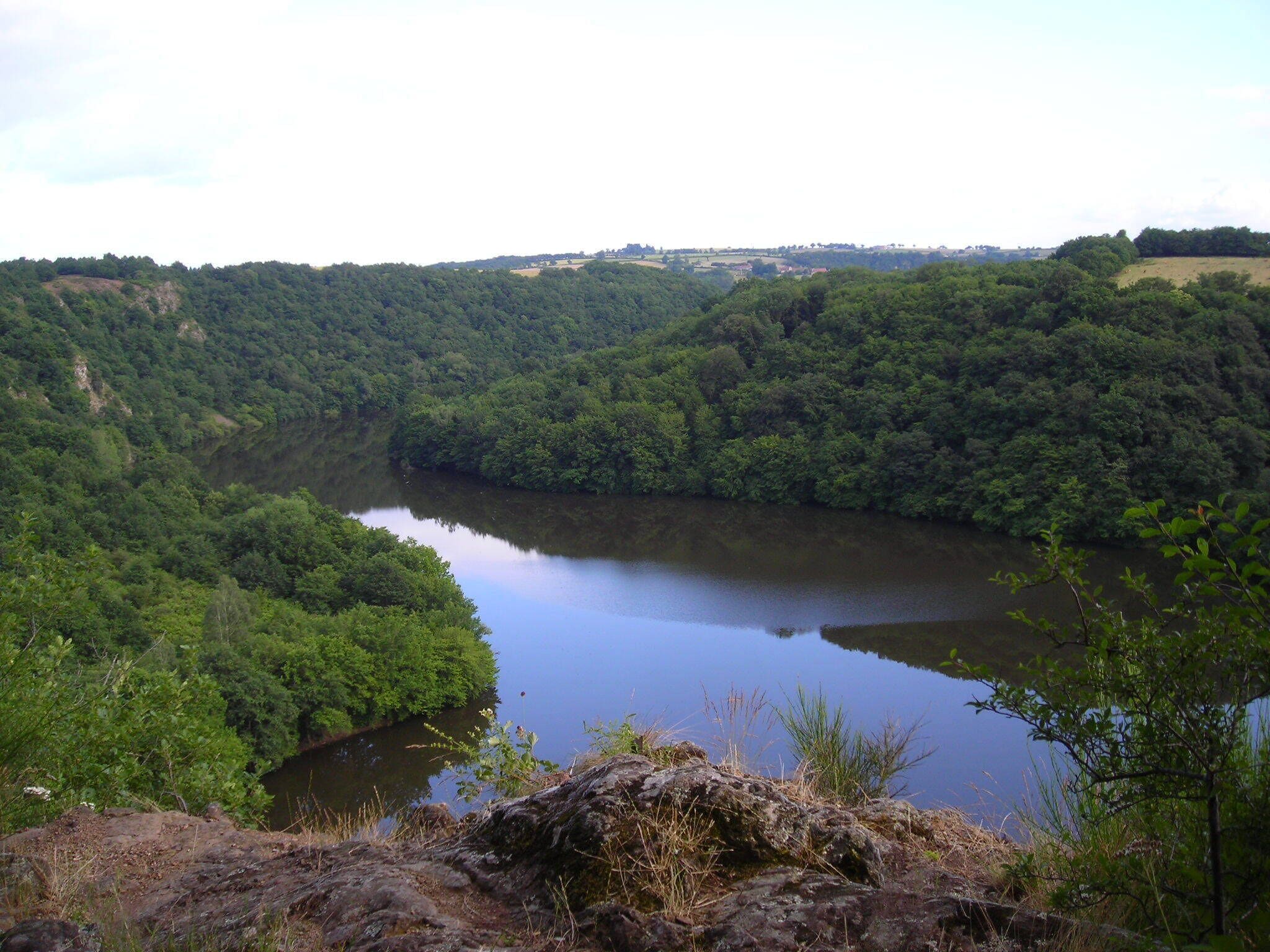 A river winding through a densely forested valley with rocky outcrops and distant hills.