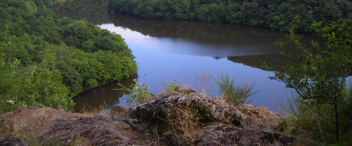 A river winding through a densely forested valley with rocky outcrops and distant hills.