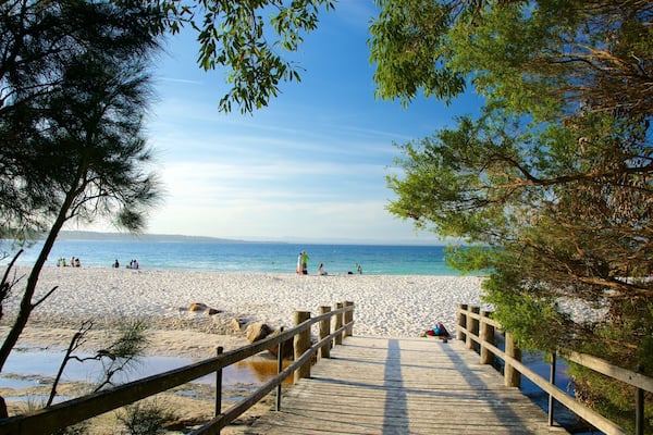 Booderee National Park showing a sandy beach and a bridge