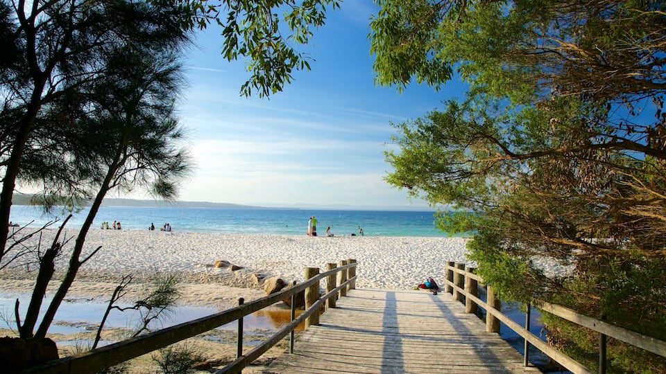 A wooden pier leading to a sandy beach with people and trees in the background.